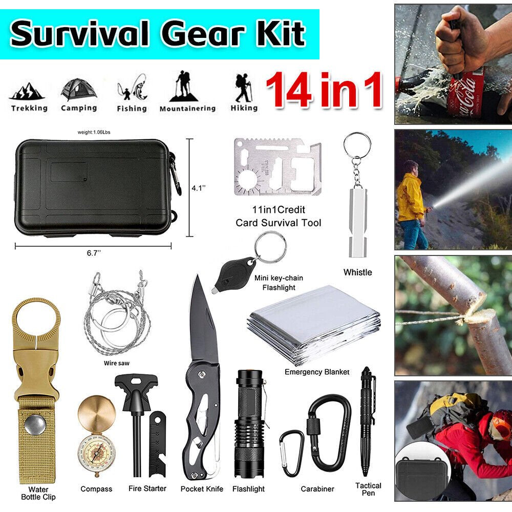 Survival Kit, 14 in 1 Emergency Survival Gear Kit, Emergency Kit for Outdoor Adventure, Hiking, Gifts for Men Women